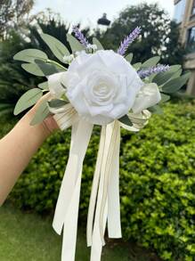 1 Stück Autospiegeldekoration für Hochzeit, Eukalyptus Blume für Stuhlrücken, Hochzeitsdekoration Flur, künstliche Rosenblume für Bambusstühle, Hochzeits- und Feiertagsdekoration Schleife, Hochzeitsauto Blumen