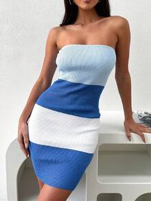 Fashionable Sexy Bandeau Backless Tight Fit Short Knit Bodycon Dress - Blue - View 2