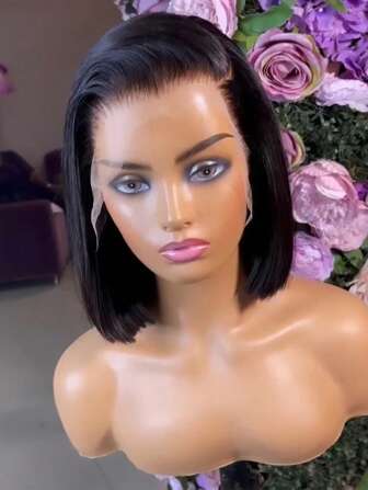 Peluca de cabello humano tipo bob recto para mujeres de 16 pulgadas, peluca sin pegamento con descuento, densidad del 180%, peluca de cabello humano recto tipo bob de 13*4 con encaje frontal, color negro natural, fácil de usar, adecuada para actividades al aire libre, fiestas de Navidad, festivales de música, Halloween, Navidad, adecuada como regalo para mujeres