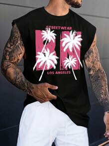 Men Fashion Sleeveless Tank Top With Coconut Tree Print, Street Style, Suitable For Spring/Summer Wear - Black - View 1