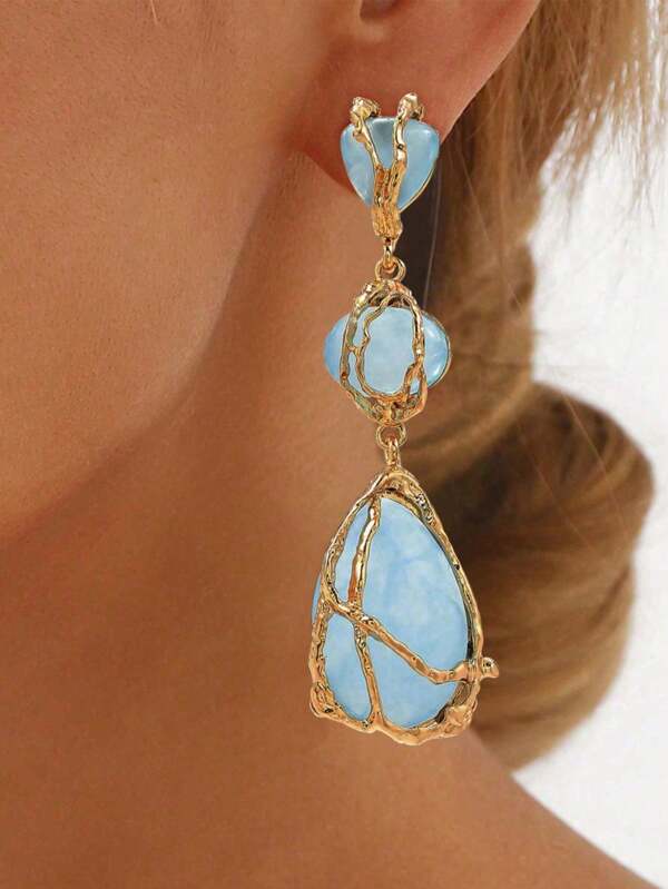 2PCS New Boho Statement Resin Stone Long Dangle Earrings For Women Light Luxury Net Earrings Geometry Drop Earrings