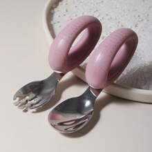 1 Set Customizable Baby Silicone & Stainless Steel Spoon & Fork Self-Feeding Tableware Set, Laser Engraved Name, Short Handle For Children & Toddlers - Multicolor - View 16