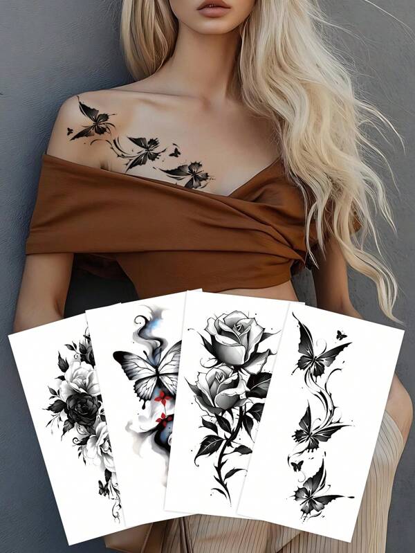4PCS Black Flower Waterproof Temporary Tattoo Stickers, Beautiful Butterfly Rose, 3D Temporary Tattoo Stickers For Ladies, Body And Arm Art, Washable Fake Tattoos, Realistic Temporary Tattoos, DIY Fake Tattoos
