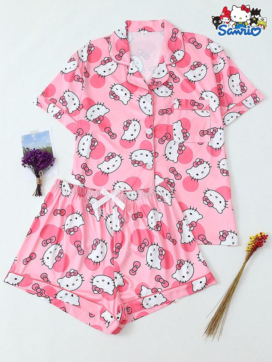 2pcs Set Licensed Sanrio Hello Kitty Print Lapel Short Sleeve Button Pocket Top And Bow Shorts Pajama Loungewear Set, For Home Use, Spring/Summer - Hot Pink - View 1
