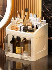 1-Set 3-Layer Crown Design Foldable Drawers Makeup Organizer Box, Cream White Color, Suitable For Cosmetics, Lipsticks, Skincare Products, Desk Top Storage, Thickened & Enlarged Easy To Carry