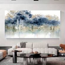 大型无框油画艺术印刷品 - 蓝色抽象风景海报与现代艺术装饰水墨画，适用于客厅、卧室、家庭办公室 - 室内条纹墙面装饰