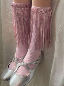 1 双女童流苏舞蹈袜，儿童闪亮亮片流苏中筒袜，百搭，适合所有季节 - 彩色 - 查看 6