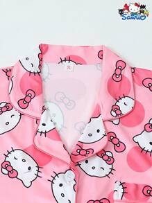 2pcs Set Licensed Sanrio Hello Kitty Print Lapel Short Sleeve Button Pocket Top And Bow Shorts Pajama Loungewear Set, For Home Use, Spring/Summer - Hot Pink - View 3