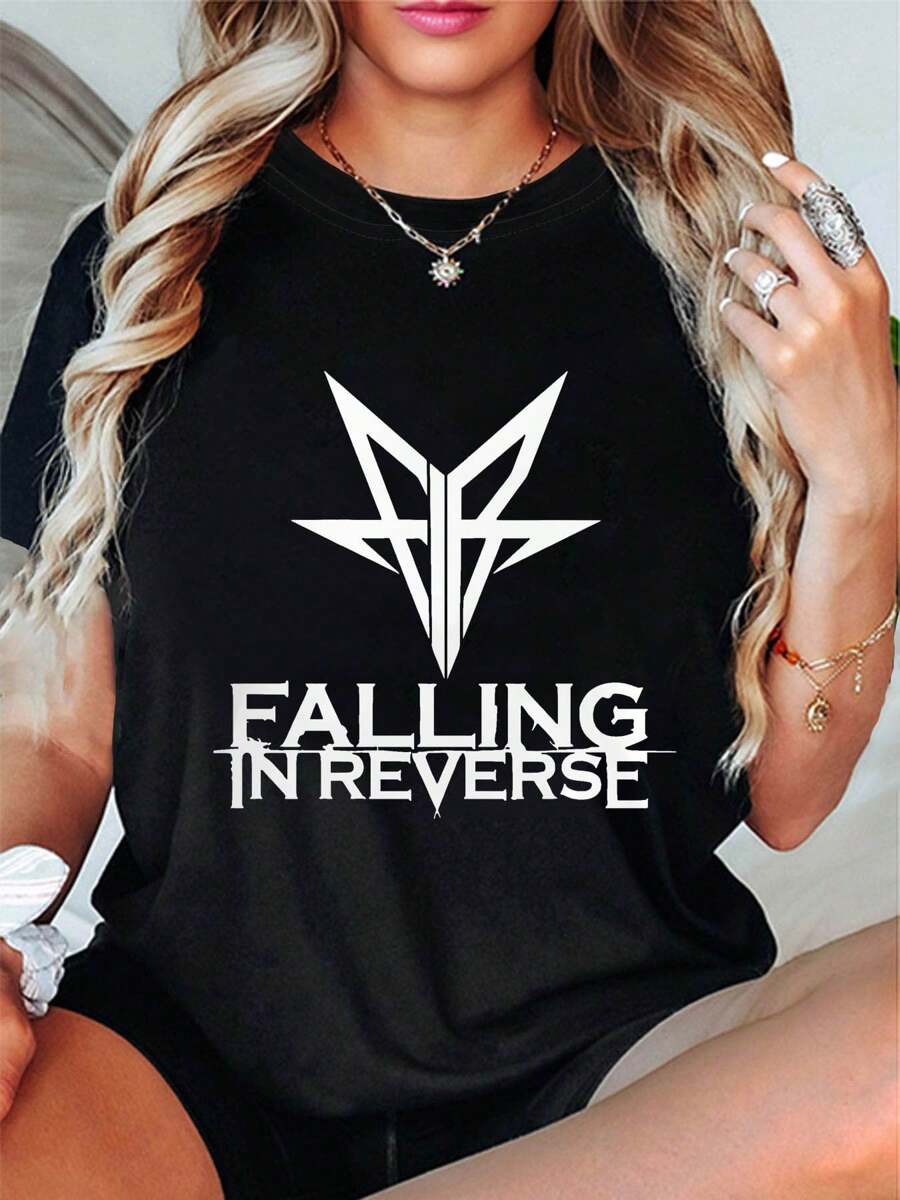 Women's Falling In Reverse Print T-Shirt - Short Sleeve Crew Neck Casual Top With Rock Music Iconography, Spring Summer Tee For Concerts & Casual Attire, Non- Fit (Machine Washable) - màu đen - Xem 1