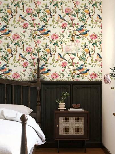 Roll Of Retro Thickened Classical Elegante Peony Flower Branches, Birds, Groen Leaves, Bruin Home ation, Kitchen Cabinets, Tables Chairs, Room Backgrounds, Renovation, DIY, Waterproof, Stain Resistant, Easy To Clean, Self Adhesive, Peel Paste Wallpaper, Wand Stickers, Stickers Bathroom Bedroom ation Stuff Living Ho Art Paper view 3