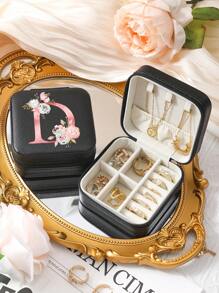 A-Z Floral Letter Pattern Travel Jewelry Box, Portable Zipper Travel Jewelry Storage Box, Gift Box For Women, PU Leather Waterproof Jewelry Box For Rings, Pendants, Earrings, Necklaces, Etc. - Gift Boxes For Girls And Women, Sun Travel Cool Back To School