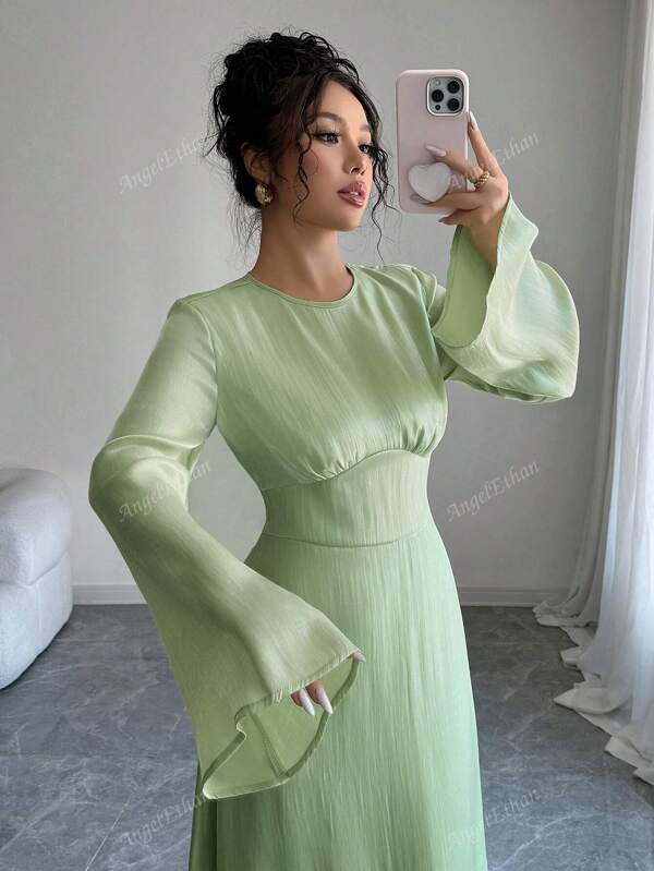 Vestido feminino de cor sólida, cintura justa, modesto, elegante, linha A, manga comprida, adequado para festa à noite, convidado de casamento, aniversário