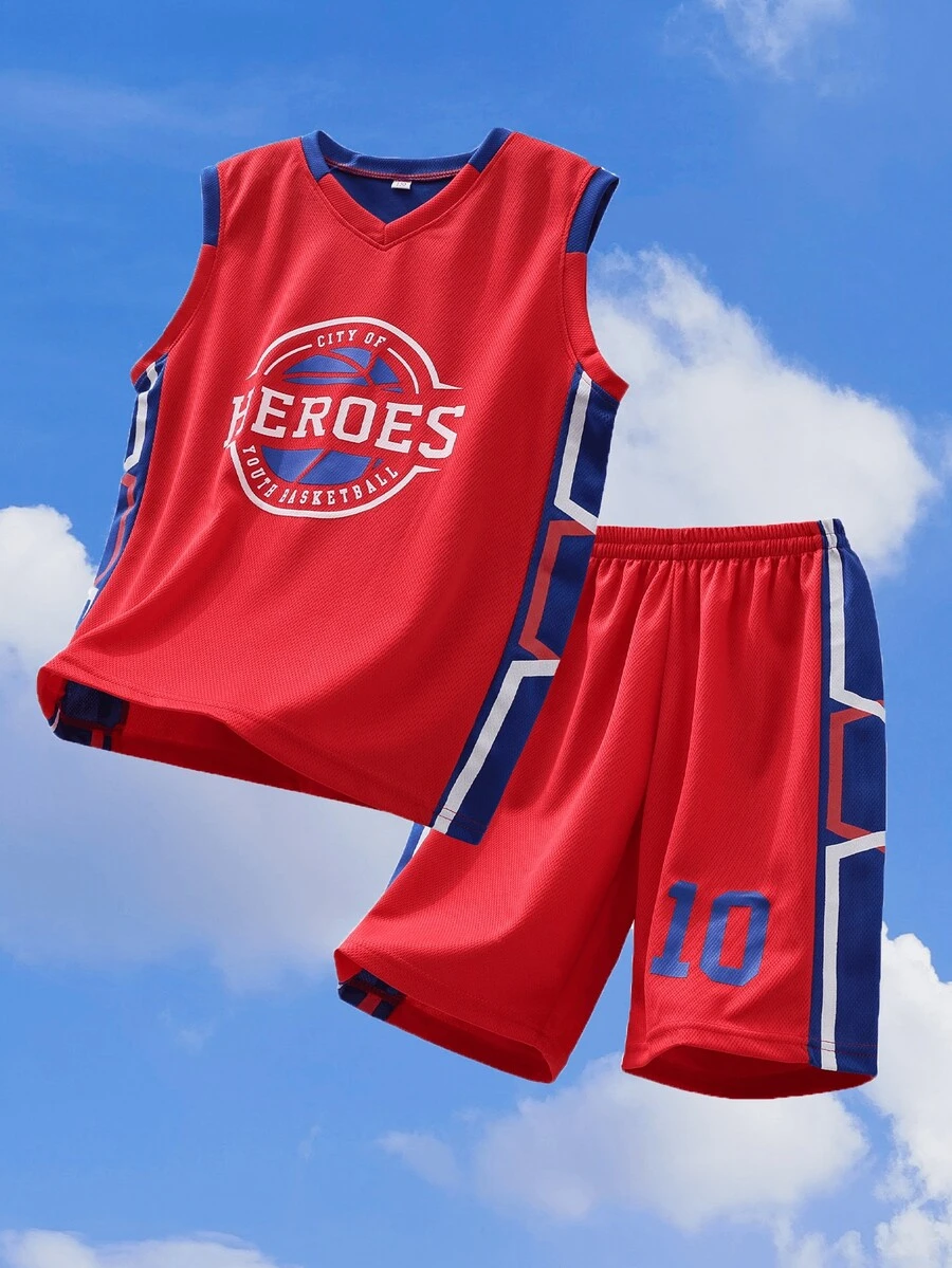 طقم جيرسي كرة السلة للأولاد ، الأحمر والطباعة، صيفي - الأحمر - مشاهدة 1