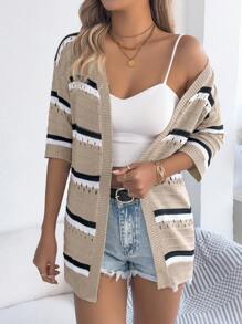 Casual Striped Lightweight Open Front Short Sleeve Cover-Up Cardigan, Spring/Summer, Breathable - Khaki - View 5