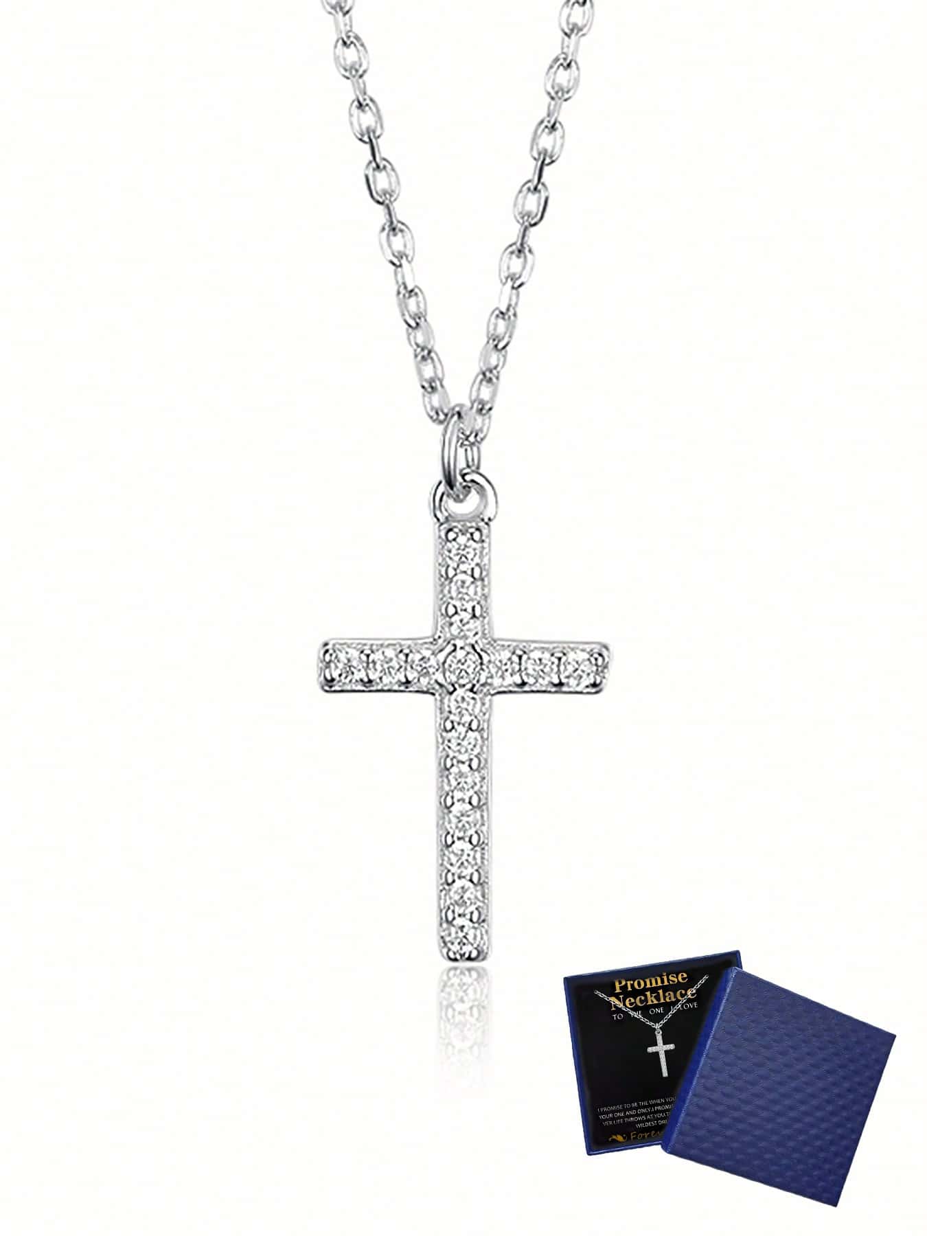 To The Loved One, 1 Piece Of 925 Sterling Silver Necklace, Fashion Simple Cross Pendant "Promise" Necklace, Inset With Synthetic Zirconia, Perfect Birthday, Valentine's Day, Easter, Halloween Jewelry Gift, With A Beautiful Card - Silver - View 1