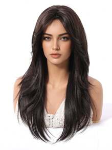 Peluca sintética resistente al calor con onda natural larga, división central, raya media, negro marrón de 26 pulgadas, natural diaria, suave y realista (sin accesorios)