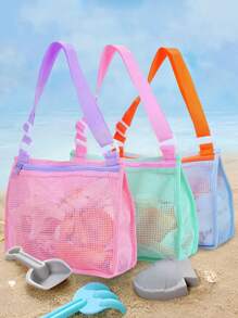 Sac de plage en maille, sac de collection de coquillages avec fermeture éclair et bandoulière réglable, sac fourre-tout de plage mignon, parfait pour collecter des coquillages, des jouets de plage et des accessoires de natation, sac de rangement pour jouets, indispensable pour les croisières et le camping, cadeau pour les garçons et les filles (sac uniquement, sans jouets inclus), sac de plage, kawaii - Multicolore - Voir 2