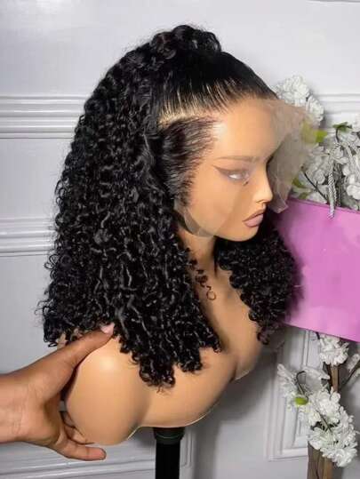 深波浪短鲍勃假发 人发 13x4 前蕾丝假发 卷发鲍勃假发 女士透明前蕾丝假发 人发 预拔 带婴儿头发 自然发际线