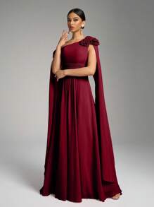 SUPGIR Asymmetric Neck Flower Decor Maxi Ruffle Waist Long Chiffon Dress, Bridesmaid Dress Wedding Spring - Burgundy - View 7