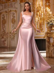 VIPGIRL Vestido de satén sin mangas con drapeado en color rosa champán, con tirantes de lentejuelas y cola larga. Vestido formal elegante de sirena para mujeres, vestidos de graduación, vestidos de noche, vestidos de invitada de boda, lujoso y glamoroso vestido de gala