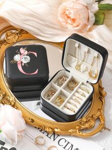 A-Z Floral Letter Pattern Travel Jewelry Box, Portable Zipper Travel Jewelry Storage Box, Gift Box For Women, PU Leather Waterproof Jewelry Box For Rings, Pendants, Earrings, Necklaces, Etc. - Gift Boxes For Girls And Women, Sun Travel Cool Back To School
