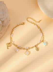 1pc Women's Stainless Steel White Shell, Zirconia Pearl & Snake Decor Anklet, Elegant Sweet Sexy Double Layer Foot Jewelry, Suitable For Summer Beach Vacation, Gold Anklet For Valentine's Day & Mother's Day