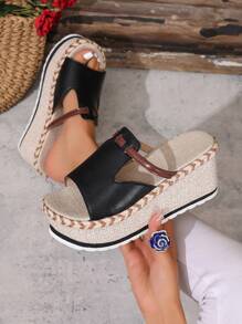 Sandalias de plataforma de paja tejida estilo europeo de lujo, ¡sandalias de verano! Tacón de cuña con punta abierta, suela blanda y gruesa, adecuadas para ir y venir y vacaciones - Negro - Ver 5