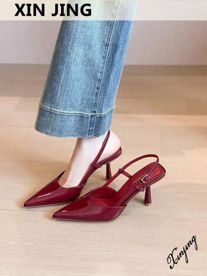 Xin Jing Shoes Tacones altos de punta fina con tira trasera para mujer, versátiles para el trabajo, la boda y la fiesta