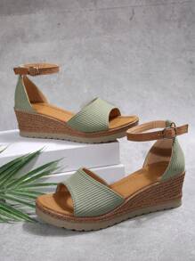 女士夏季新款时尚露趾踝带坡跟凉鞋 - 綠色 - 查看 8