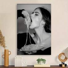 Framed  Black & White Woman Enjoying Pasta Canvas Art Print -  Wall Decor For Living Room, Bedroom, Hallway | Includes Hanging Hardware | Perfect Gift Idea, Perfect For Room Decor