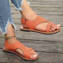 Women's Summer New Hook And Loop Breathable Open Toe Flat Sandals, Plus Size Hollow Out T-Strap Flat Sandals, Summer Elastic Band Carved Beach Slippers