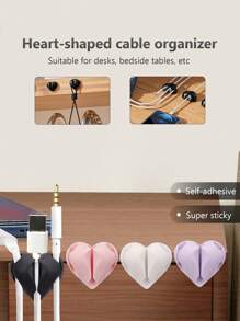 2pcs Heart-Shaped Cable Organizers, Phone Charging Cable Clips, Wire Winders, Self-Adhesive Cable Holders, Suitable For Desk, Bedside Cabinets, Walls, Cars And Office