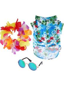 3pcs/Set Pet Dog And Cat Hawaiian Clothing, Including Cool T-Shirt Summer Clothes For Puppy, Fun And Cute Dog Vintage Fashion Sunglasses And Colorful Leis, Suitable For Small And Medium-Sized Pets