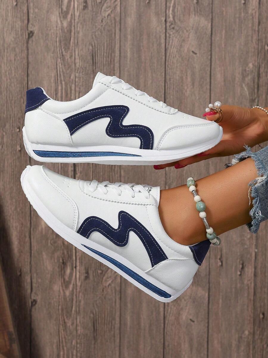 Plus Size Women's White Sneakers, Fashion Small White Shoes Flat-Soled Shoes, Student School Shoes, Pink Versatile Lace-Up Casual Sports Shoes (The Shoes Run Small, Suggest Ordering One Size Up) - Blue - View 1