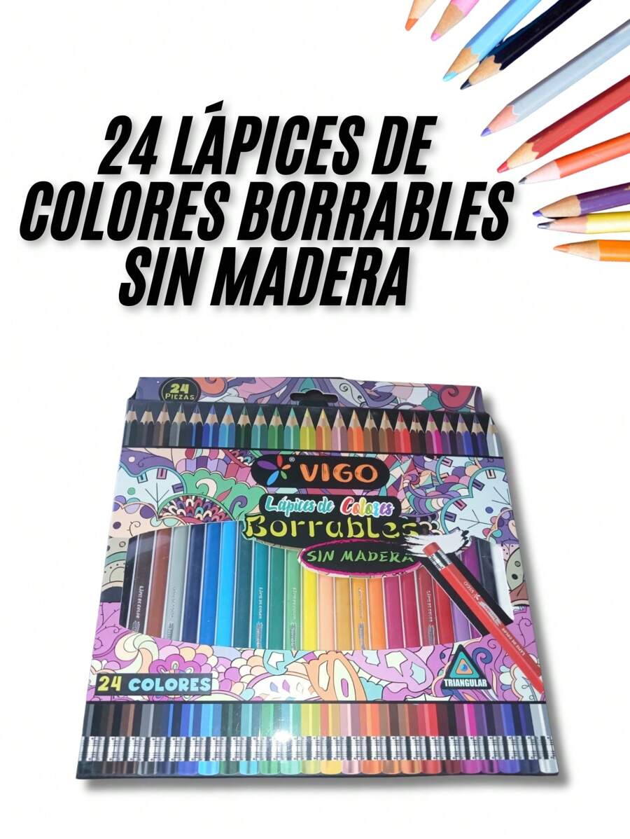24 lápices de colores borrables sin madera forma triangular papelería creativa escolar ergonomía resistencia dibujo fácil de borrar colores surtidos creatividad niños regalo organización - Multicolor - Ver 1