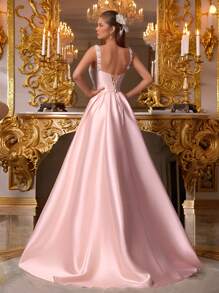 VIPGIRL Vestido de satén sin mangas con drapeado en color rosa champán, con tirantes de lentejuelas y cola larga. Vestido formal elegante de sirena para mujeres, vestidos de graduación, vestidos de noche, vestidos de invitada de boda, lujoso y glamoroso vestido de gala