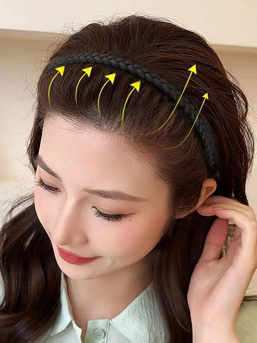 2入款女用簡約百搭編織髮箍,帶齒防滑髮圈,洗臉化妝用瀏海髮夾髮飾 - 彩色 - 查看 1