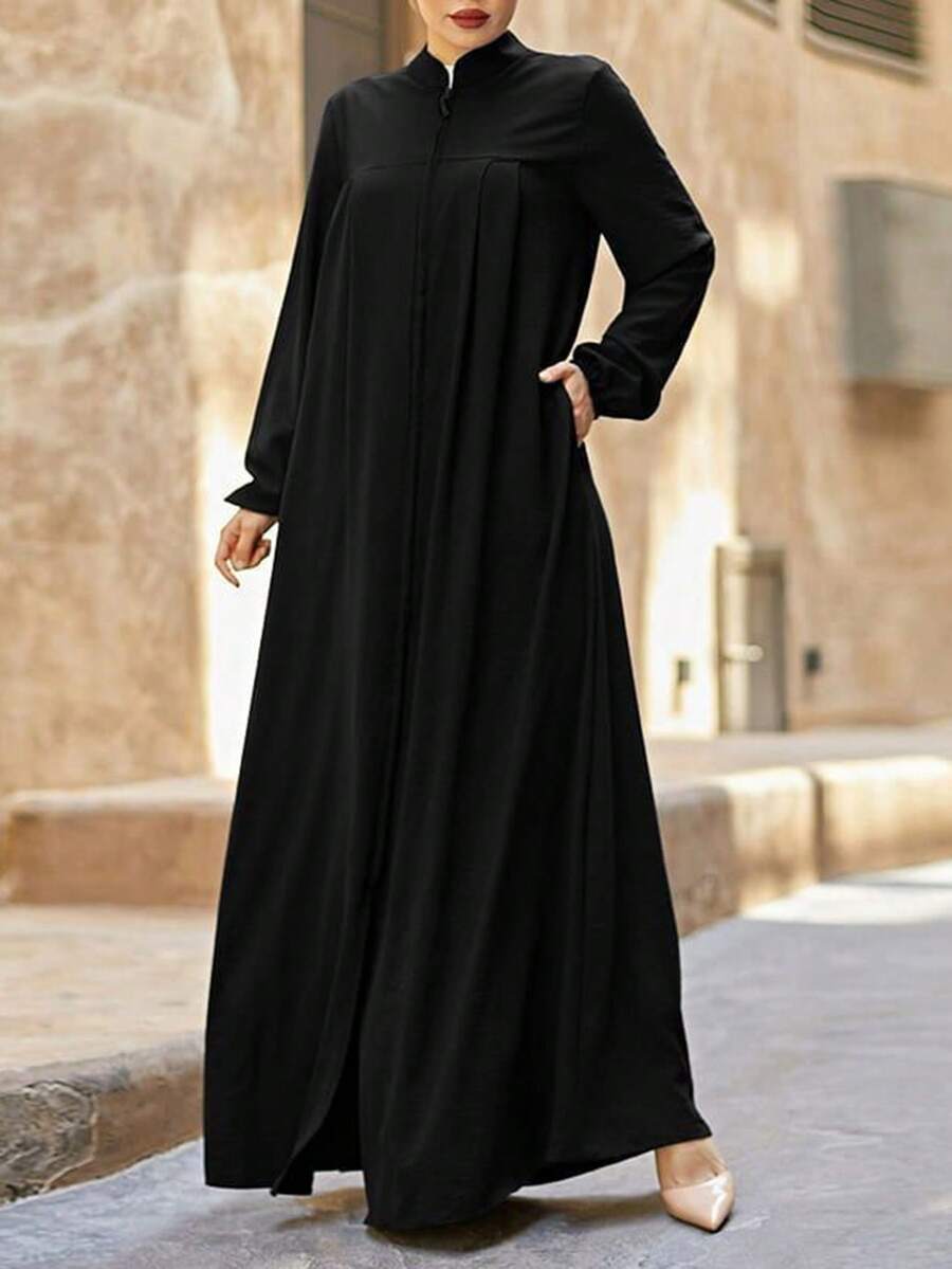 Women Stand Collar Zipper Front Pockets Casual Loose Dress, Modest - Black - View 1