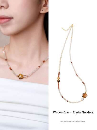  [VE] 1 adet Yüksek Kalite S925 Ayar Gümüş Doğal Kristal Kolye, Kristal Boncukların Saflığını, Sarı Kaplan Gözü Yıldız Boncuklarının Canlılığını ve Garnet Boncuklarının Tutkusunu Birleştirerek Saflık ve Gücün Mükemmel Karışımını Simgeliyor. Mücevher Rengi Rastgele