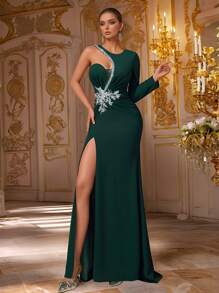 VIPGIRL Vestido de gala asimétrico ajustado color verde oscuro con detalle floral de lentejuelas y abertura alta, vestidos de noche para mujeres, vestido de cóctel elegante, vestido de invitada a boda, vestido de fiesta - Verde Oscuro - Ver 4