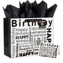1 件优质黑色生日快乐礼品袋 - 包括薄纸、贺卡和优雅的设计 - 非常适合男士和女士的生日、派对和情人节庆祝情人节