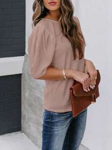 Women's Solid Short Sleeve Blouse Summer Crew Neck Casual Tops Fashion Puffed Sleeve Shirt