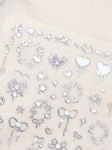 1片5D银色丝带蝴蝶结美甲贴纸，心形蝴蝶结美甲贴纸，青铜金银蝴蝶结美甲贴花，可爱蝴蝶结美甲贴纸，甜美蝴蝶结美甲自粘贴纸，女士DIY美甲贴纸，美甲用品 - 彩色 - 查看 3