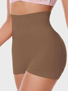 1pc Plus Size Women High Waist Shaping Brown Shorts, With Removable Padded Bum Lifter, Body Shaping Leggings - Brown - View 4