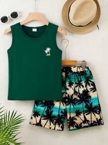 Conjunto de chaleco y pantalones cortos de niños pequeños con estampado de árbol de coco y dibujos animados, traje casual de poliéster adecuado para exteriores, verano