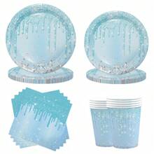 10pcs Light Blue Birthday Party Supplies Light Blue And Silver Diamond Paper Plates Paper Cups And Napkins Tableware Kit For Glitter Blue Theme Birthday Party Gender Reveal Wedding Party Decoration - Multicolor - View 1