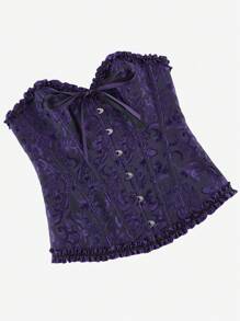 Purple Overbust Corset Bustier, Classic Retro Waist Trainer, Strapless Ruffle Trim Bodysuit, Tight Fitting Shapewear, Backless Slimming Costume Top, Suitable For Halloween - Purple - View 3