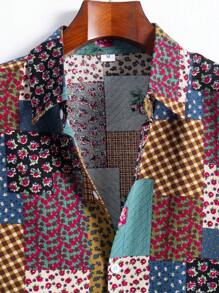 Men's Casual Plaid & Ditsy Floral Patchwork Print Short Sleeve Vacation Shirt