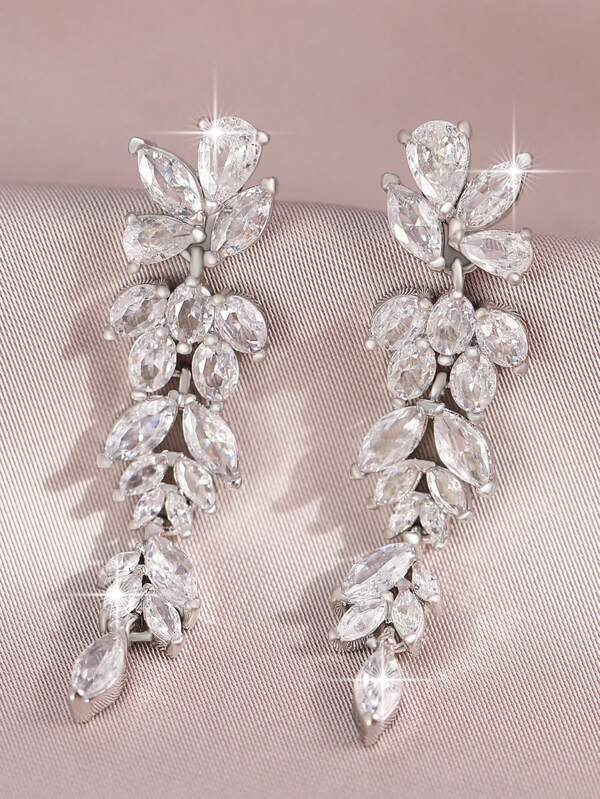 1pair Elegant Leaf Flower CZ Women Long Wedding Earrings With AAA Cubic Zirconia Dangle Earrings Jewelry
