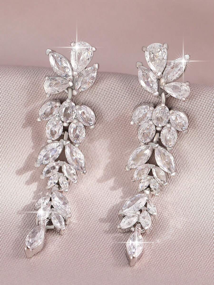 1pair Elegant Leaf Flower CZ Women Long Wedding Earrings With AAA Cubic Zirconia Dangle Earrings Jewelry - Silver - View 1